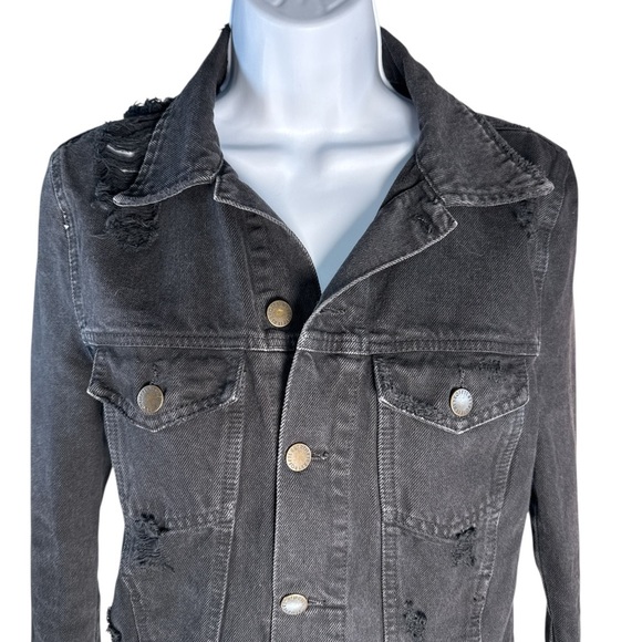 Retrofete Black Distressed Jean Jacket with Raw-Edge Hem Size S - Picture 2 of 8